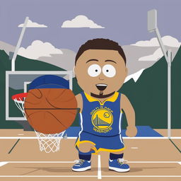 A humorous, high-resolution digital image of Steph Curry as a South Park character, celebrating a successful night of three-pointers