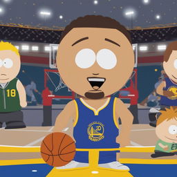A humorous, high-resolution digital image of Steph Curry as a South Park character, celebrating a successful night of three-pointers