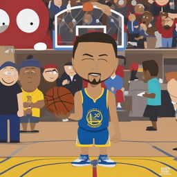 A humorous, high-resolution digital image of Steph Curry as a South Park character, celebrating a successful night of three-pointers