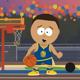 A humorous, high-resolution digital image of Steph Curry as a South Park character, celebrating a successful night of three-pointers