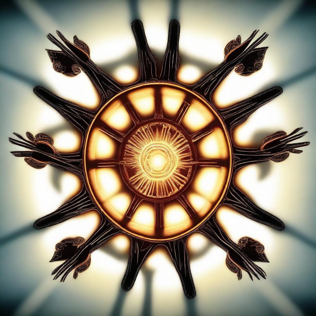 A glowing gear, radiant from within, with six hands reaching towards it from all directions.