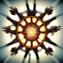 A glowing gear, radiant from within, with six hands reaching towards it from all directions.