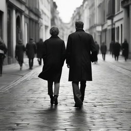 Generate a dramatic black and white image capturing the moment a man walks towards a woman whom he loves, while she disdainfully walks in the opposition direction, setting a narrative of unrequited love.