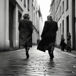 Generate a dramatic black and white image capturing the moment a man walks towards a woman whom he loves, while she disdainfully walks in the opposition direction, setting a narrative of unrequited love.