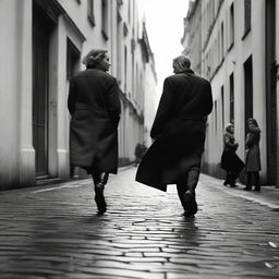 Generate a dramatic black and white image capturing the moment a man walks towards a woman whom he loves, while she disdainfully walks in the opposition direction, setting a narrative of unrequited love.