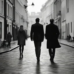 Generate a dramatic black and white image capturing the moment a man walks towards a woman whom he loves, while she disdainfully walks in the opposition direction, setting a narrative of unrequited love.