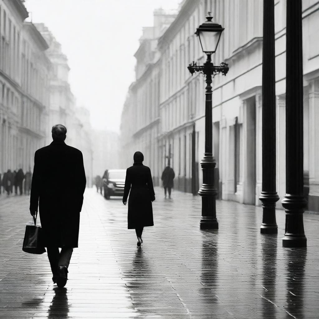 Generate a dramatic black and white image capturing the moment a man walks towards a woman whom he loves, while she disdainfully walks in the opposition direction, setting a narrative of unrequited love.