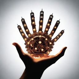 An illuminating gear, with internal glow, six hands reaching towards it, each with palm facing upwards.