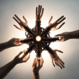 An illuminating gear, with internal glow, six hands reaching towards it, each with palm facing upwards.