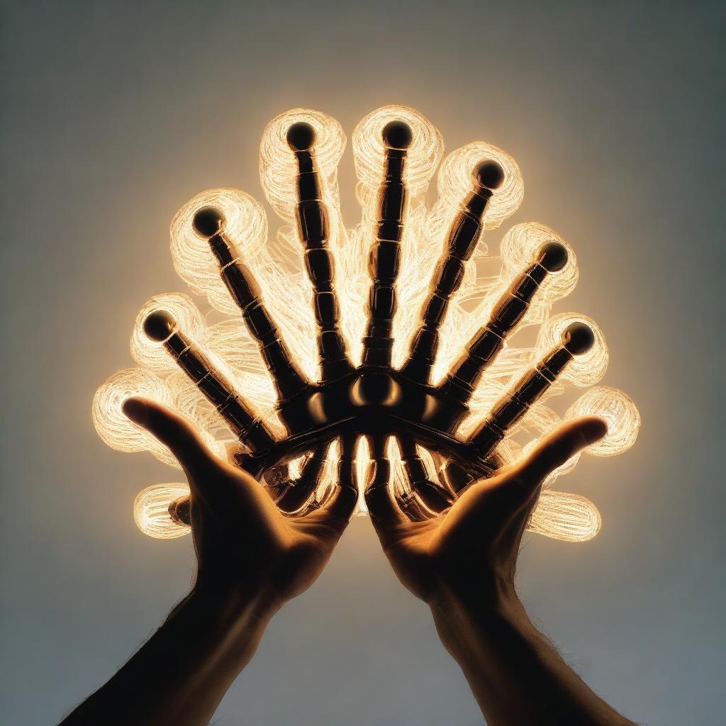 An illuminating gear, with internal glow, six hands reaching towards it, each with palm facing upwards.