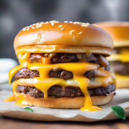 A juicy hamburger stacked high with extra layers of melted cheddar cheese dripping over the sides