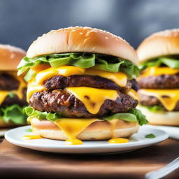 A juicy hamburger stacked high with extra layers of melted cheddar cheese dripping over the sides