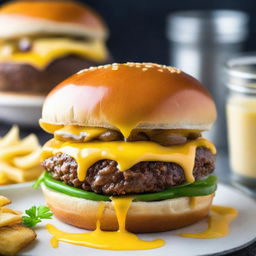 A juicy hamburger stacked high with extra layers of melted cheddar cheese dripping over the sides