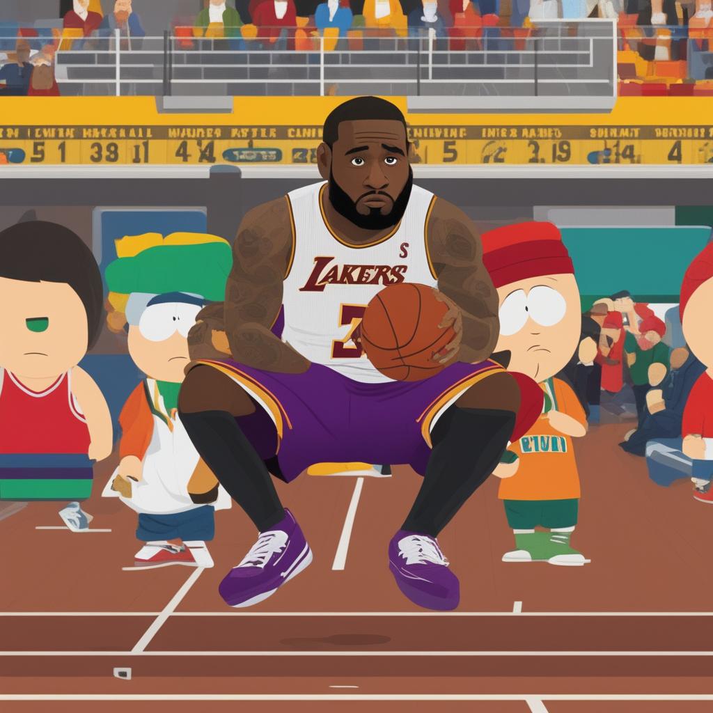 A humorous digital artwork of Lebron James missing his fourth three-pointer in a row, depicted in the style of South Park