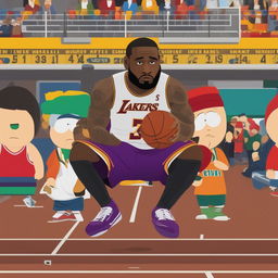 A humorous digital artwork of Lebron James missing his fourth three-pointer in a row, depicted in the style of South Park