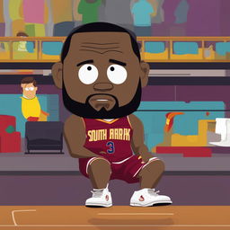 A humorous digital artwork of Lebron James missing his fourth three-pointer in a row, depicted in the style of South Park