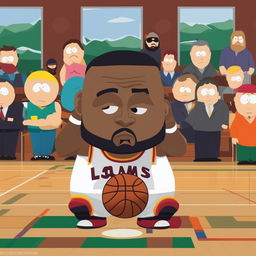 A humorous digital artwork of Lebron James missing his fourth three-pointer in a row, depicted in the style of South Park