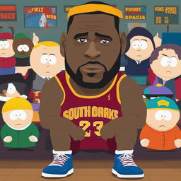 A humorous digital artwork of Lebron James missing his fourth three-pointer in a row, depicted in the style of South Park