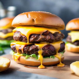 A juicy hamburger stacked high with extra layers of melted cheddar cheese dripping over the sides