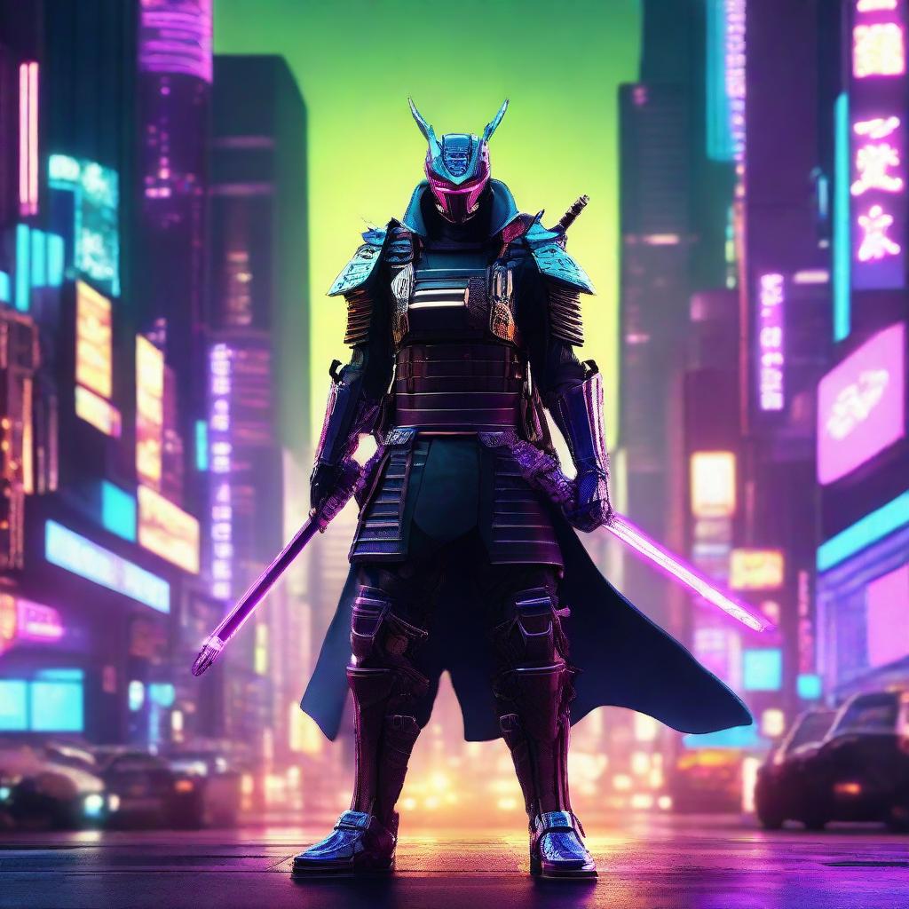 A futuristic cybernetic samurai outfitted with advanced tech armor and a shining energy katana, standing vigilantly in a neon lit cityscape.