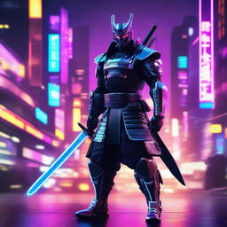 A futuristic cybernetic samurai outfitted with advanced tech armor and a shining energy katana, standing vigilantly in a neon lit cityscape.