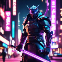 A futuristic cybernetic samurai outfitted with advanced tech armor and a shining energy katana, standing vigilantly in a neon lit cityscape.