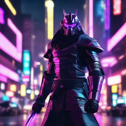 A futuristic cybernetic samurai outfitted with advanced tech armor and a shining energy katana, standing vigilantly in a neon lit cityscape.