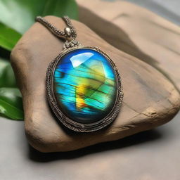 A luminescent Labradorite gemstone, displaying its distinct play of vibrant colors and iridescence.