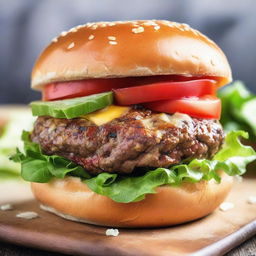 A giant, juicy burger with lettuce, tomatoes, cheese, and a shiny, sesame seed bun.