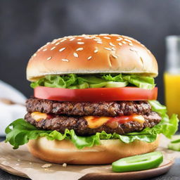 A giant, juicy burger with lettuce, tomatoes, cheese, and a shiny, sesame seed bun.