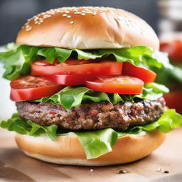 A giant, juicy burger with lettuce, tomatoes, cheese, and a shiny, sesame seed bun.