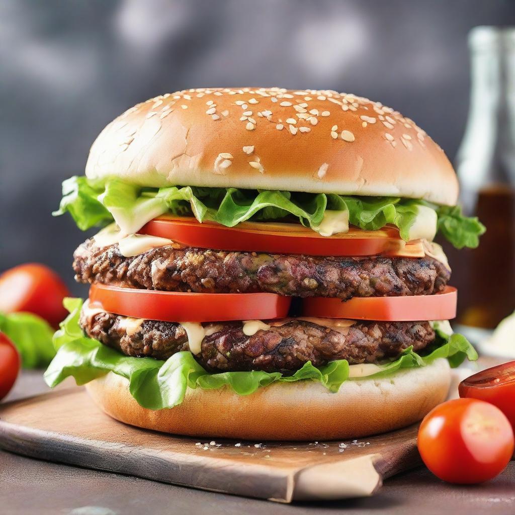 A giant, juicy burger with lettuce, tomatoes, cheese, and a shiny, sesame seed bun.