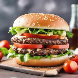 A giant, juicy burger with lettuce, tomatoes, cheese, and a shiny, sesame seed bun.