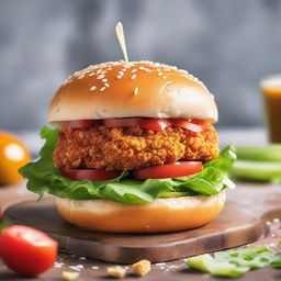 A towering burger with a crispy fried chicken patty, accompanied by lettuce, tomatoes, cheese, nestled within a shiny, sesame seed bun.