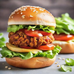 A towering burger with a crispy fried chicken patty, accompanied by lettuce, tomatoes, cheese, nestled within a shiny, sesame seed bun.