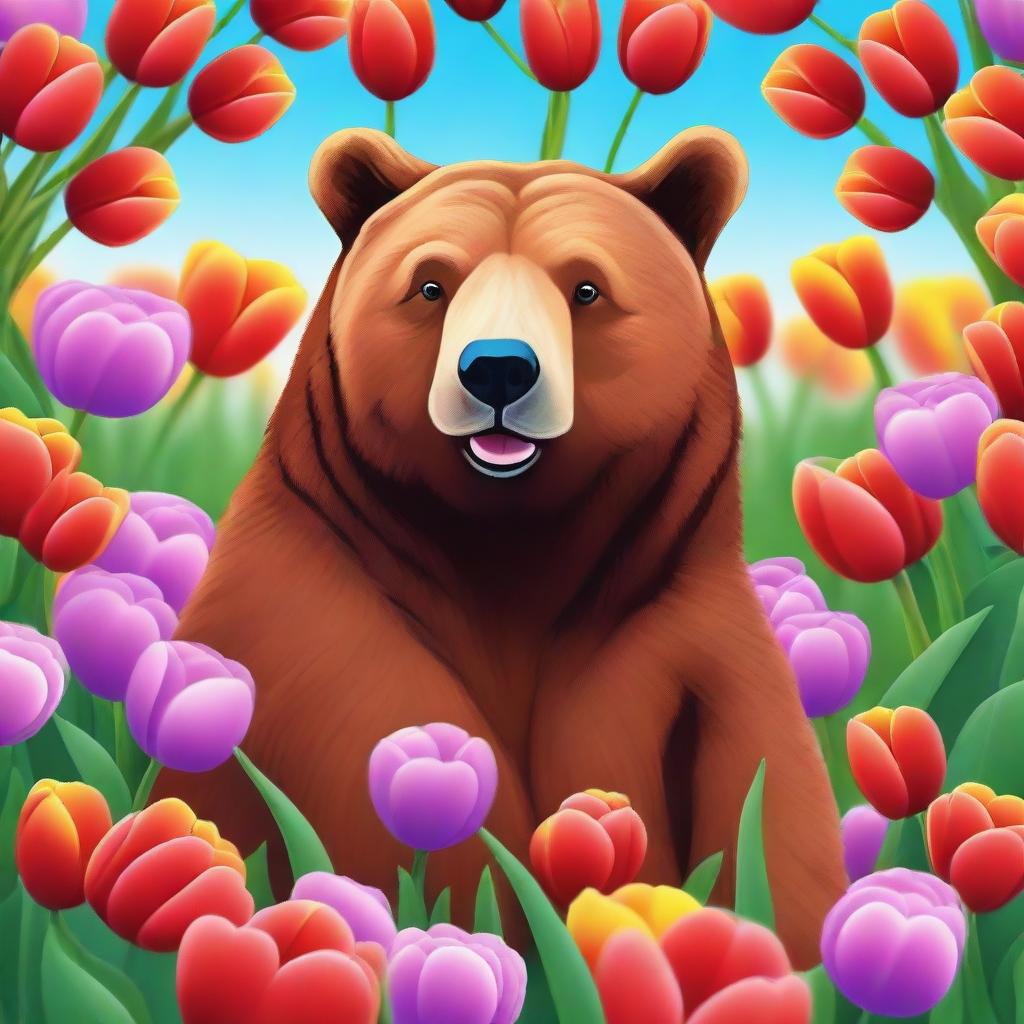 A high-quality digital art piece featuring a bear surrounded by vibrant tulips