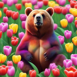 A high-quality digital art piece featuring a bear surrounded by vibrant tulips