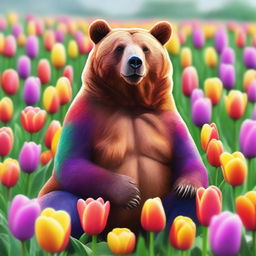 A high-quality digital art piece featuring a bear surrounded by vibrant tulips