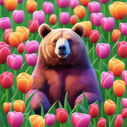 A high-quality digital art piece featuring a bear surrounded by vibrant tulips