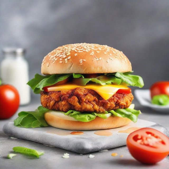 A towering burger with a crispy fried chicken patty, accompanied by lettuce, tomatoes, cheese, nestled within a shiny, sesame seed bun.