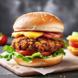 A towering burger with a crispy fried chicken patty, accompanied by lettuce, tomatoes, cheese, nestled within a shiny, sesame seed bun.