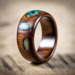 An elegantly carved wooden ring inlaid with a vibrant, iridescent Labradorite gemstone.