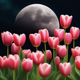 A high-quality digital art piece showcasing a stunning moon surrounded by vibrant tulips