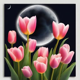 A high-quality digital art piece showcasing a stunning moon surrounded by vibrant tulips