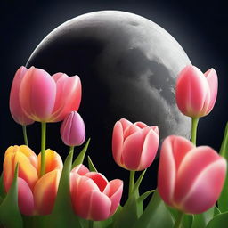 A high-quality digital art piece showcasing a stunning moon surrounded by vibrant tulips