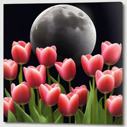 A high-quality digital art piece showcasing a stunning moon surrounded by vibrant tulips