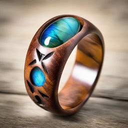 An elegantly carved wooden ring inlaid with a vibrant, iridescent Labradorite gemstone.