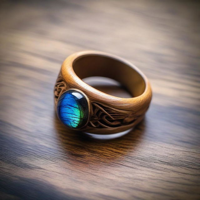 An elegantly carved wooden ring inlaid with a vibrant, iridescent Labradorite gemstone.