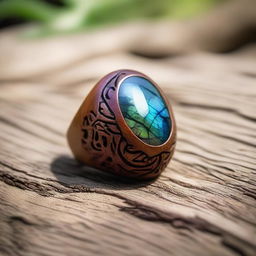 An elegantly carved wooden ring inlaid with a vibrant, iridescent Labradorite gemstone.