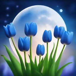 An enchanting digital art piece showcasing a glowing moon surrounded by striking blue tulips